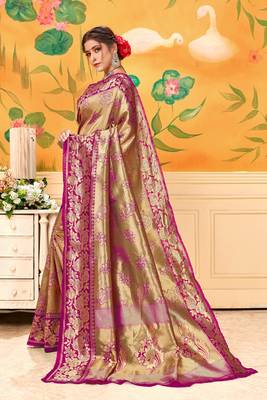  rani pink woven jacquard saree with blouse 2