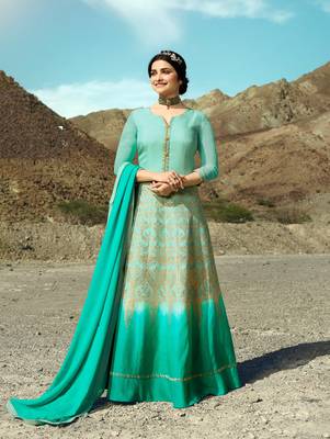 Turquoise Embroidered Silk Blend Semi Stitched Salwar With Dupatta 1