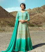 Turquoise Embroidered Silk Blend Semi Stitched Salwar With Dupatta