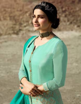 Turquoise Embroidered Silk Blend Semi Stitched Salwar With Dupatta 2