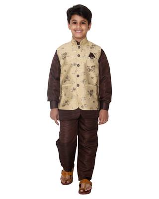 Fawn printed cotton silk boys-kurta-pyjama 1