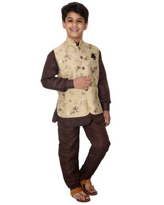 Fawn printed cotton silk boys-kurta-pyjama 2
