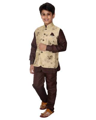 Fawn printed cotton silk boys-kurta-pyjama 3