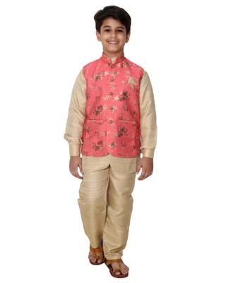 Pink printed cotton silk boys-kurta-pyjama 1