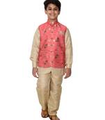 Pink printed cotton silk boys-kurta-pyjama