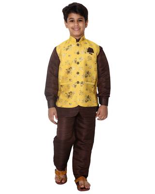 Yellow printed cotton silk boys-kurta-pyjama 1
