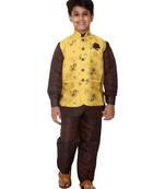 Yellow printed cotton silk boys-kurta-pyjama