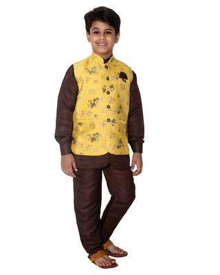 Yellow printed cotton silk boys-kurta-pyjama 2