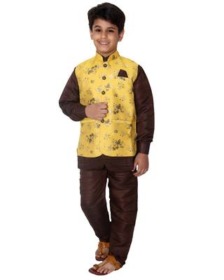 Yellow printed cotton silk boys-kurta-pyjama 3