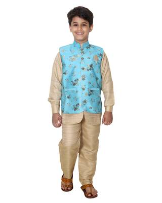 Turquoise printed cotton silk boys-kurta-pyjama 1