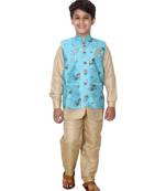 Turquoise printed cotton silk boys-kurta-pyjama