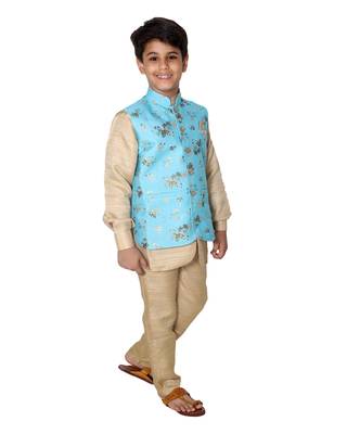 Turquoise printed cotton silk boys-kurta-pyjama 2