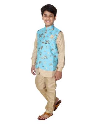 Turquoise printed cotton silk boys-kurta-pyjama 3