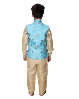 Turquoise printed cotton silk boys-kurta-pyjama 5