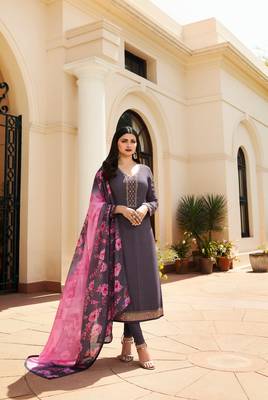 Grey Embroidered Crepe Semi Stitched Salwar With Dupatta 1