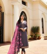 Grey Embroidered Crepe Semi Stitched Salwar With Dupatta