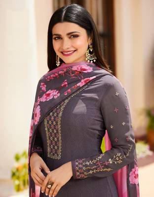 Grey Embroidered Crepe Semi Stitched Salwar With Dupatta 2