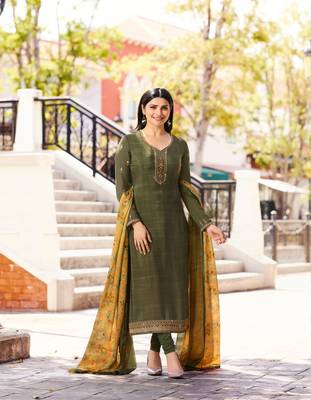 Green Embroidered Crepe Semi Stitched Salwar With Dupatta 1