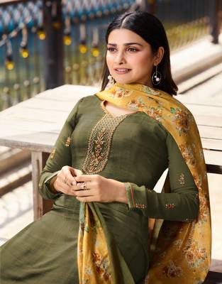 Green Embroidered Crepe Semi Stitched Salwar With Dupatta 2