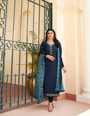 Blue Embroidered Crepe Semi Stitched Salwar With Dupatta 1