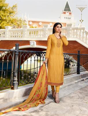 Yellow Embroidered Crepe Semi Stitched Salwar With Dupatta 1