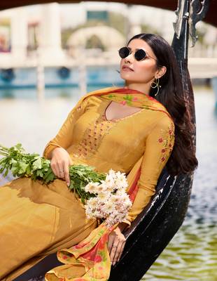 Yellow Embroidered Crepe Semi Stitched Salwar With Dupatta 2