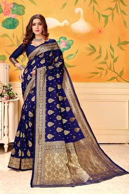  navy blue woven jacquard saree with blouse 1