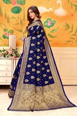  navy blue woven jacquard saree with blouse 2