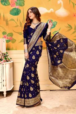  navy blue woven jacquard saree with blouse 4
