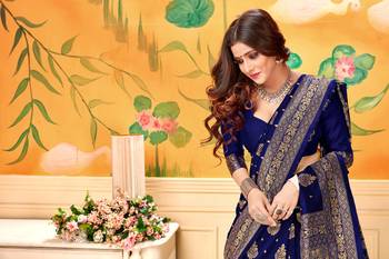  navy blue woven jacquard saree with blouse 5
