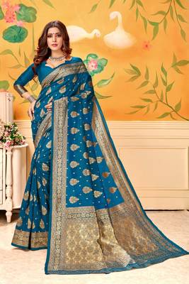 Light sky blue woven jacquard saree with blouse 1