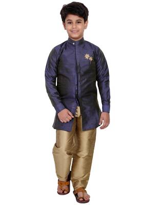 Blue plain cotton silk boys-kurta-pyjama 1
