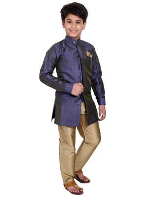 Blue plain cotton silk boys-kurta-pyjama 2