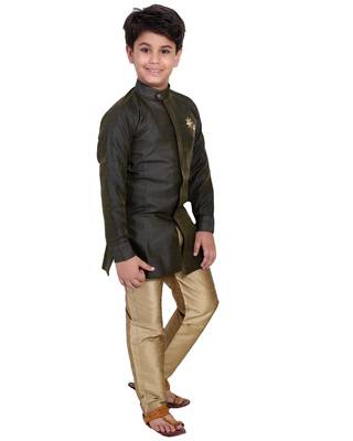 Green plain cotton silk boys-kurta-pyjama 2