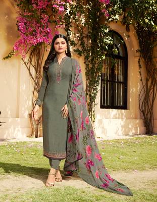 Green Embroidered Crepe Semi Stitched Salwar With Dupatta 1
