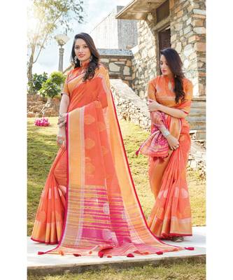 Peach Linen Cotton Woven Work Traditional Saree 1
