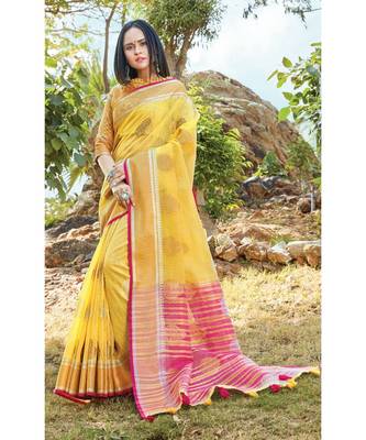 Yellow Linen Cotton Woven Work Traditional Saree 1