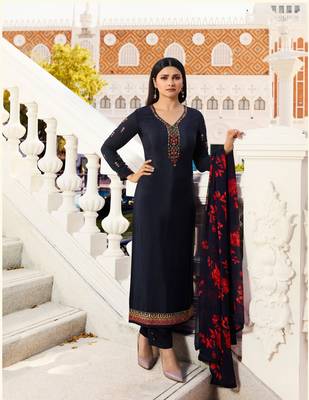 Black Embroidered Crepe Semi Stitched Salwar With Dupatta 1