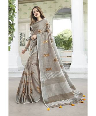 Light Beige Linen Cotton Embroidery Traditional Saree 1