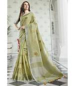 Pista Green Linen Cotton Embroidery Traditional Saree