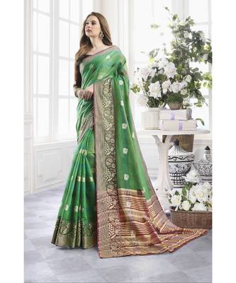 Green Cotton Handloom Zari Work Traditional Saree 1