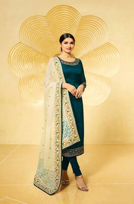 Green Embroidered Georgette Semi Stitched Salwar With Dupatta 1