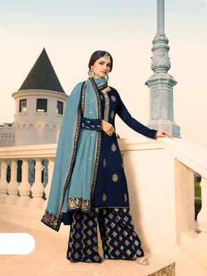 Blue Embroidered Georgette Semi Stitched Salwar With Dupatta 2