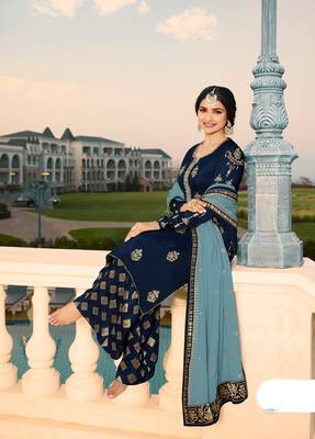 Blue Embroidered Georgette Semi Stitched Salwar With Dupatta 3