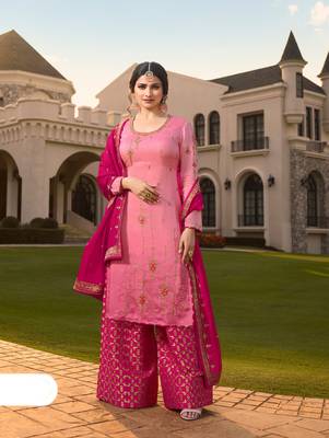 Pink Embroidered Georgette Semi Stitched Salwar With Dupatta 1