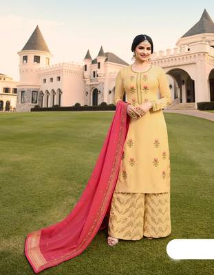 Yellow Embroidered Georgette Semi Stitched Salwar With Dupatta 2