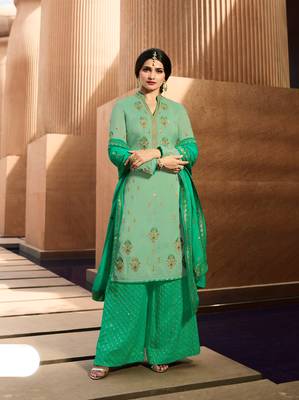 Green Embroidered Georgette Semi Stitched Salwar With Dupatta 2