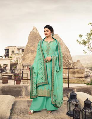 Green Embroidered Jacquard Semi Stitched Salwar With Dupatta 1