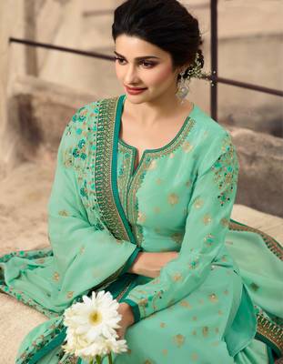 Green Embroidered Jacquard Semi Stitched Salwar With Dupatta 2