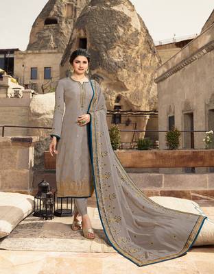 Grey Embroidered Jacquard Semi Stitched Salwar With Dupatta 1